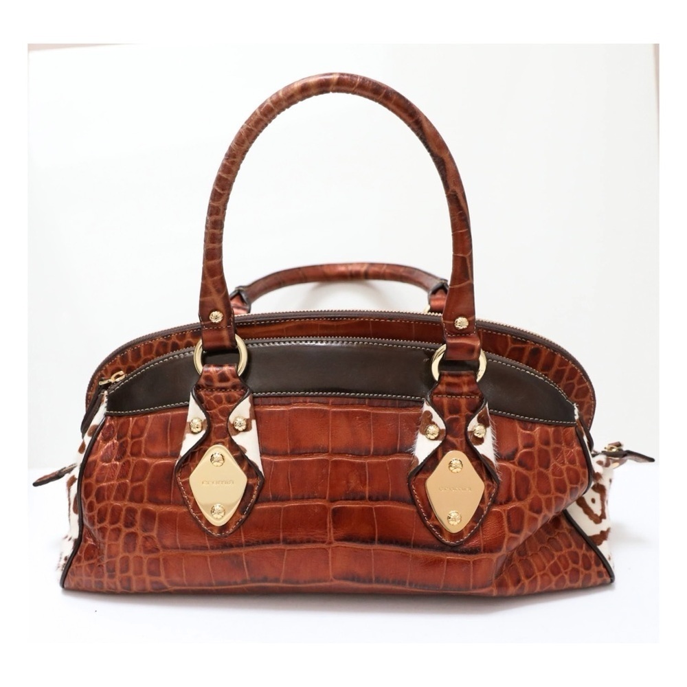 Cromia Genuine Leather Bag Crocodile Brown Tote Y2k 2000s Trendy Cowhide Gold